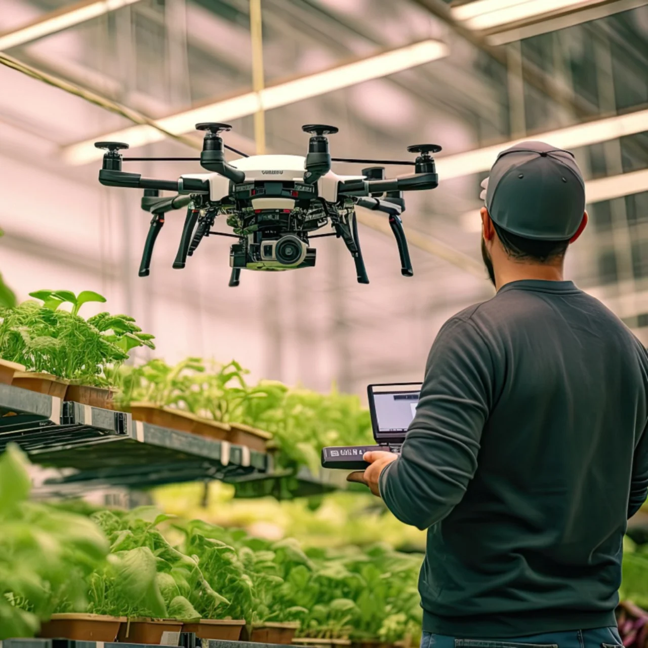 Man with drone in greenhouse