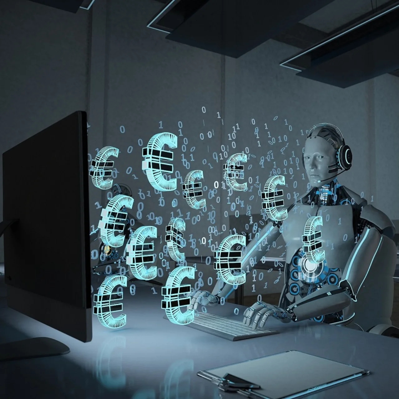 Humanoid robot in front of a computer