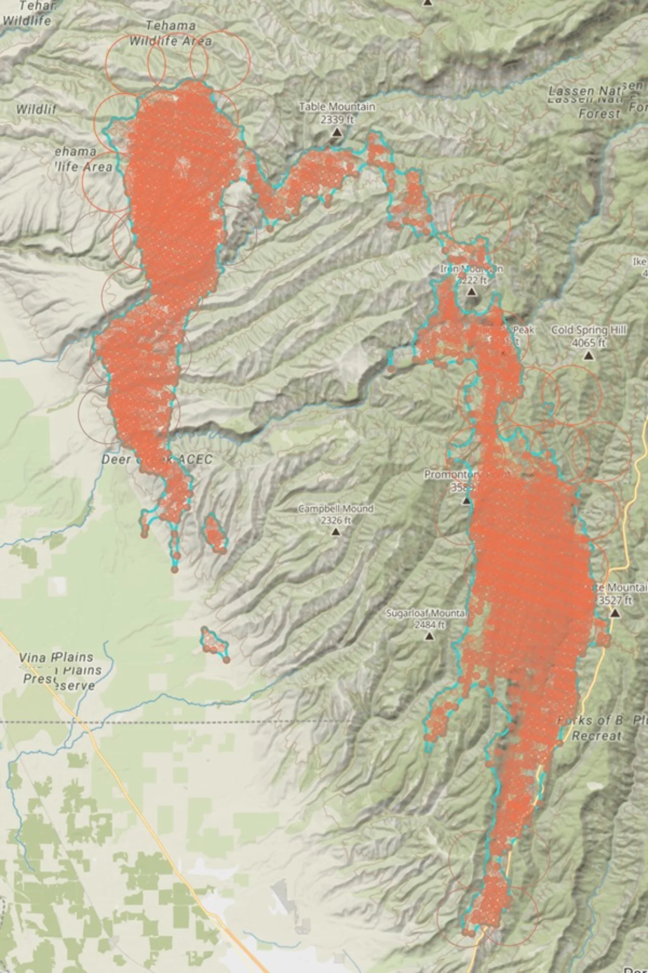 Fire detection - satellites detect a park fire in California © Ororatech