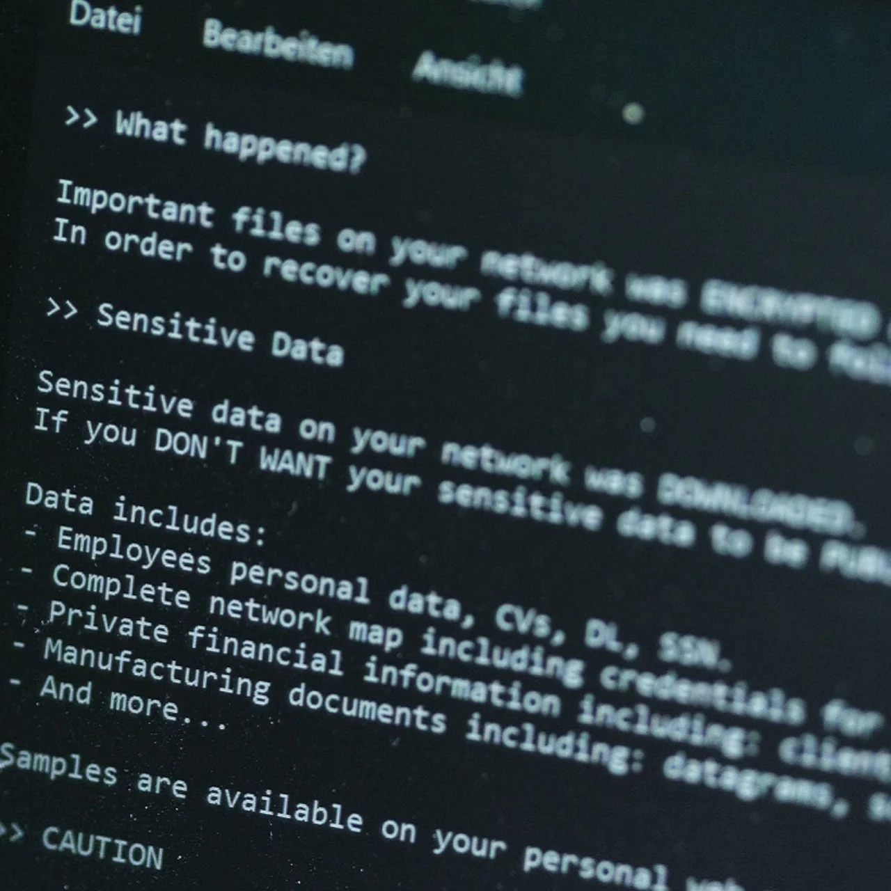 Ransom note displayed on a computer screen.