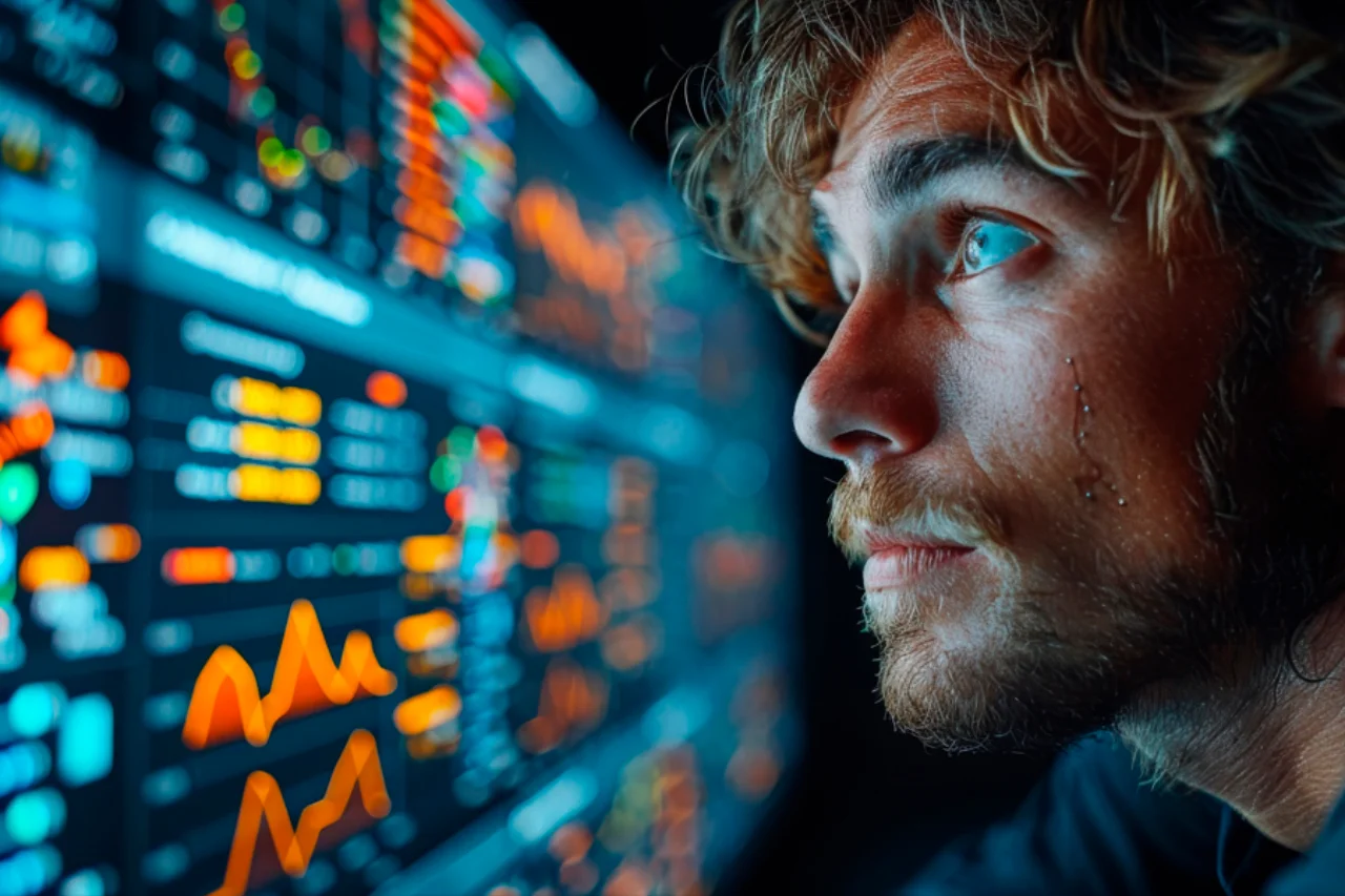 White hacking young man watching data