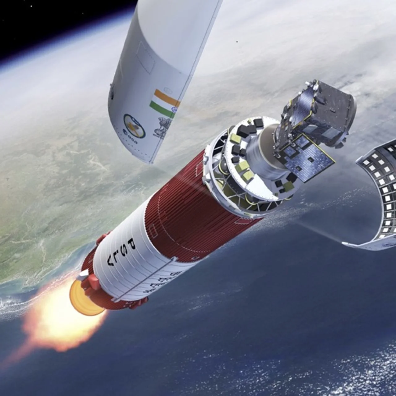 Ein Satellit wird von seiner Rakete vor der Erde freigegeben.
