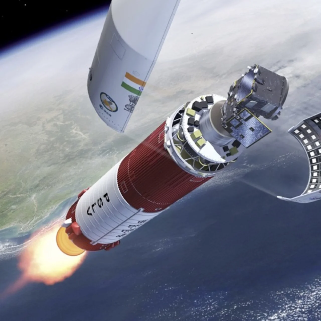 A satellite is released from its rocket with Earth in the background.