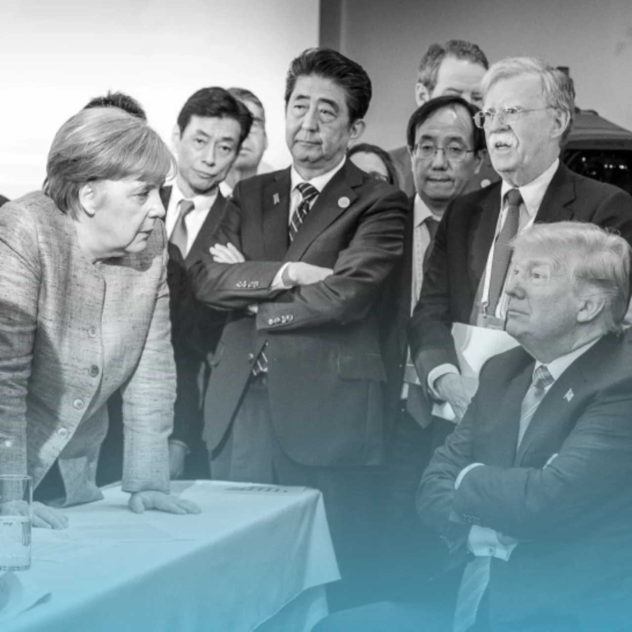 A. Merkel, Y. Nishimura, S. Abe, K. Yamazaki, J. Bolton, D. Trump