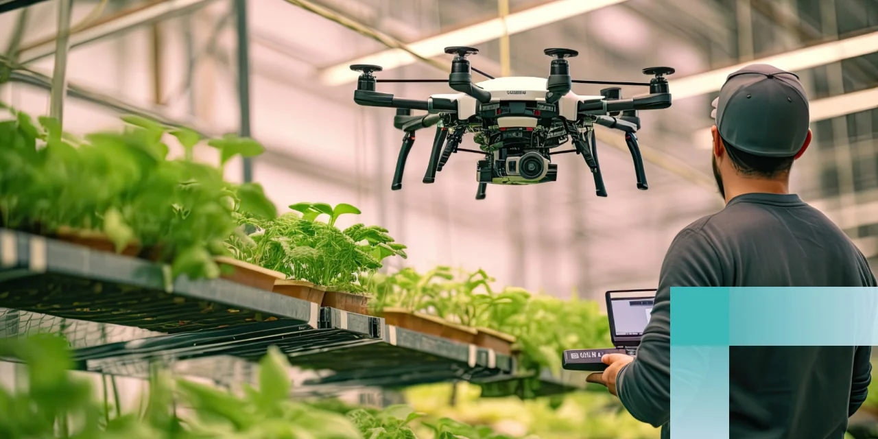 Man with drone in greenhouse