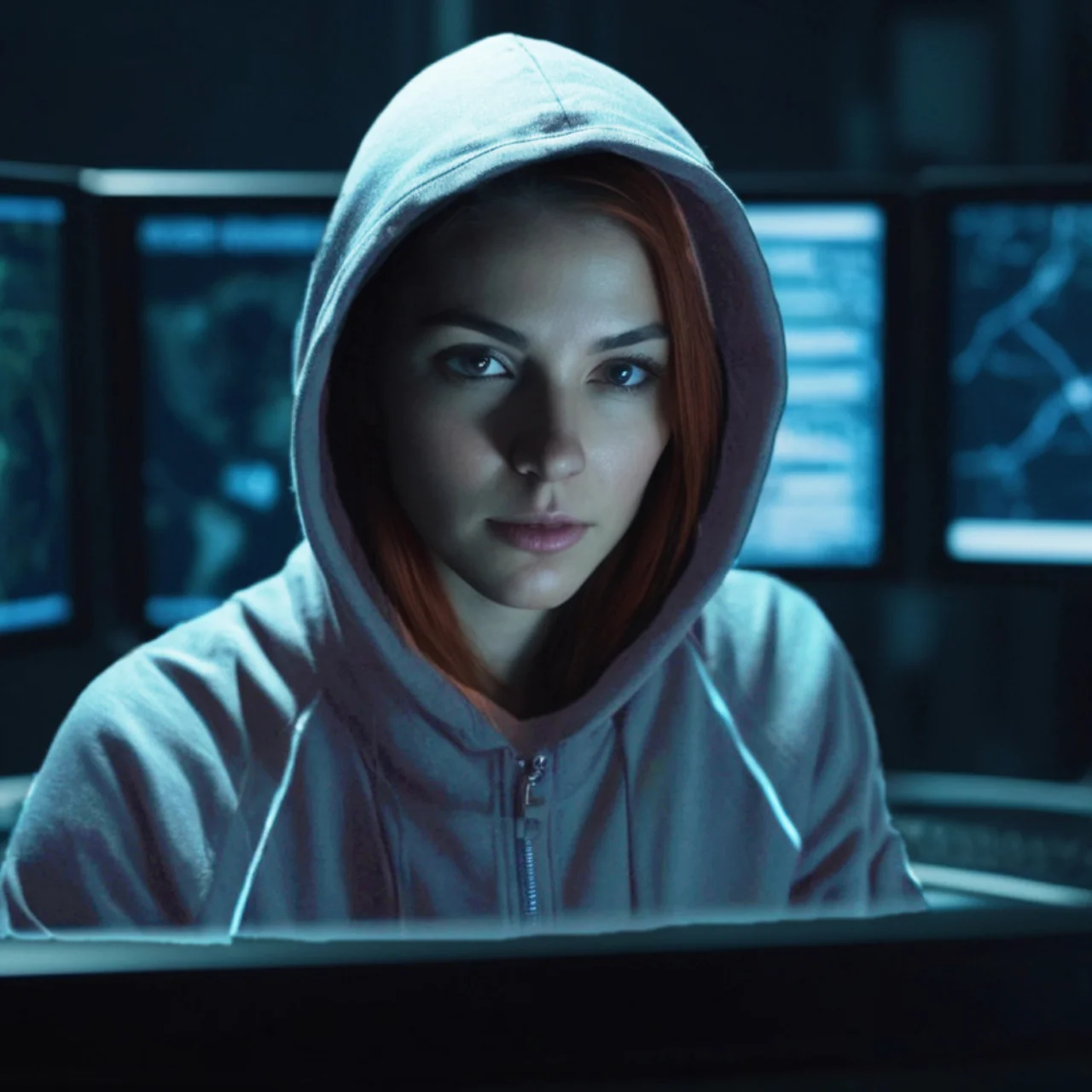 White hacking young woman in hoodie