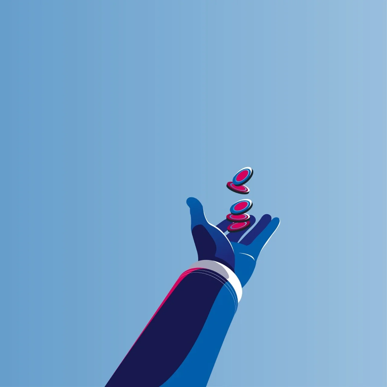 Stylized illustration of a hand tossing red and blue coins