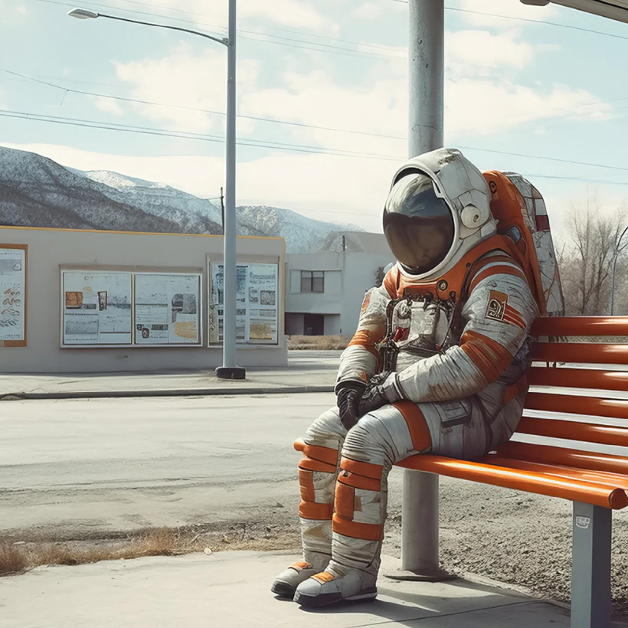 Ein Astronaut sitzt an einer Bushaltestelle (KI generiert)
