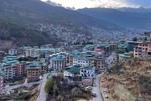 A panoramic view of Thimphu, the capital of Bhutan, in the Himalaya.
