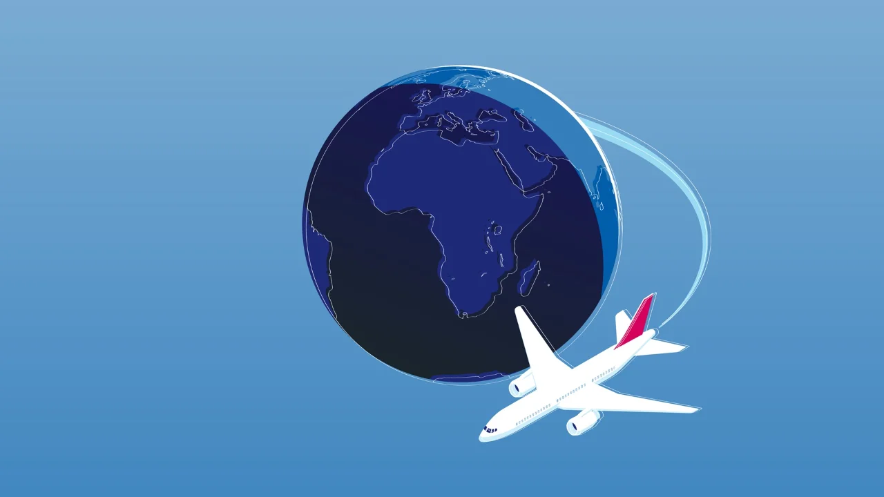 An illustration of a passenger airplane circling the globe.