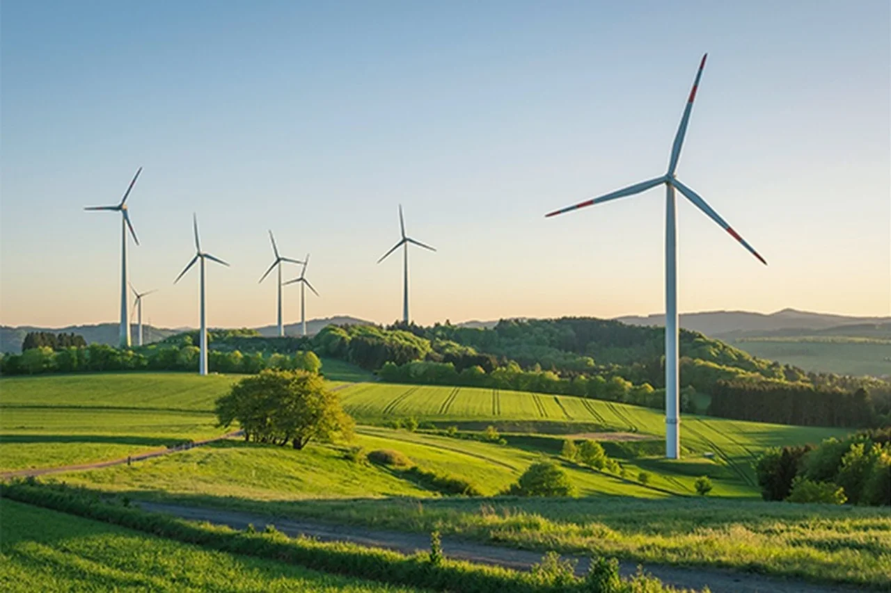 Wind turbines generating renewable energy on rolling green hills.