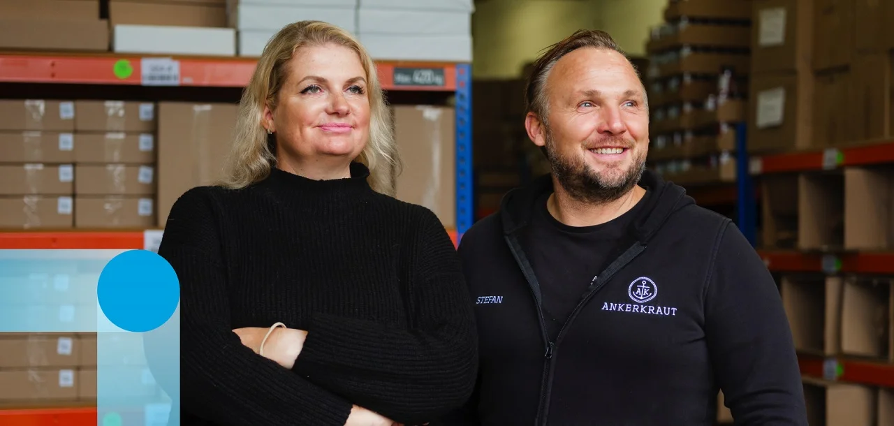 Ankerkraut founders Anne and Stefan Lemcke posing together in their warehouse.