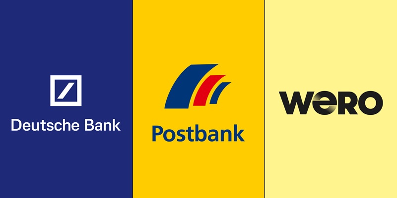 Die Logos der Deutschen Bank, der Postbank und des Bezahlsystems Wero.