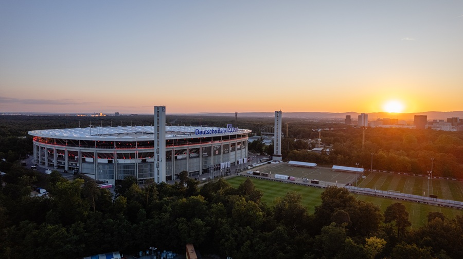 Aerial photograph of the Deutsche Bank Park stadium.